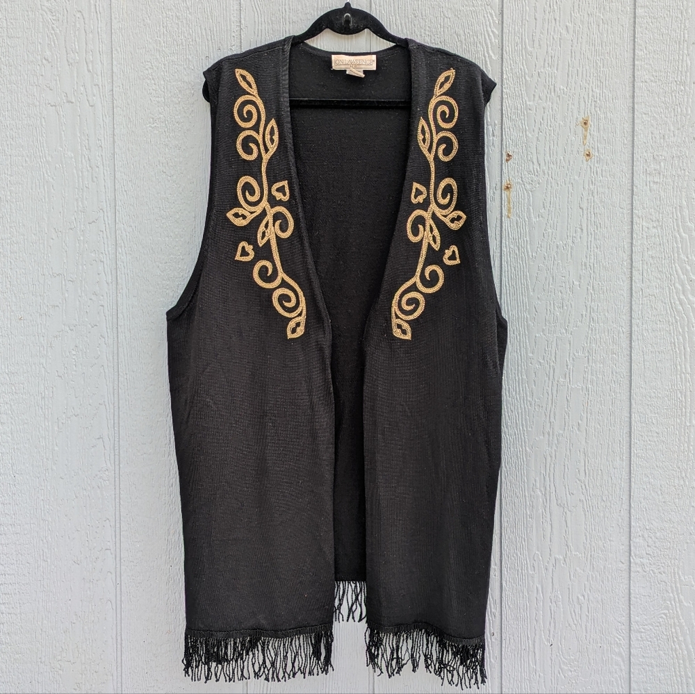 Vintage Jon Lawrence Wool Blend Embroidered Long Vest Large Black &‎ Gold